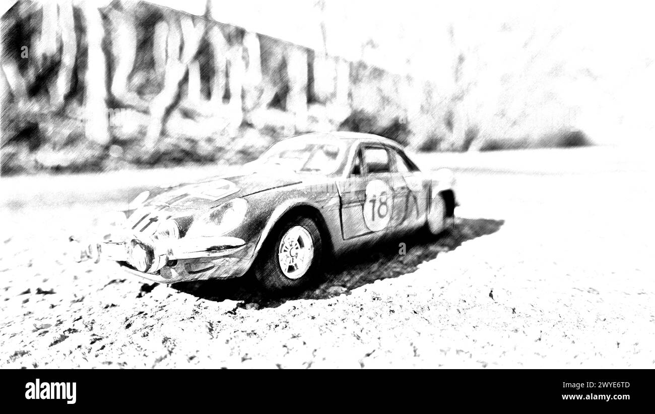 Dessin noir et blanc représentant un rallye automobile français Banque D'Images