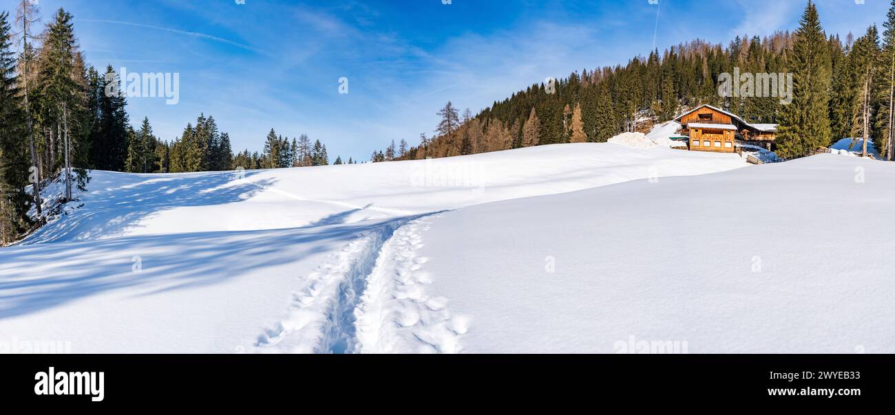Large vue panoramique sur le paysage d'hiver dans les Dolomites italiennes à Kronplatz, Italie Banque D'Images