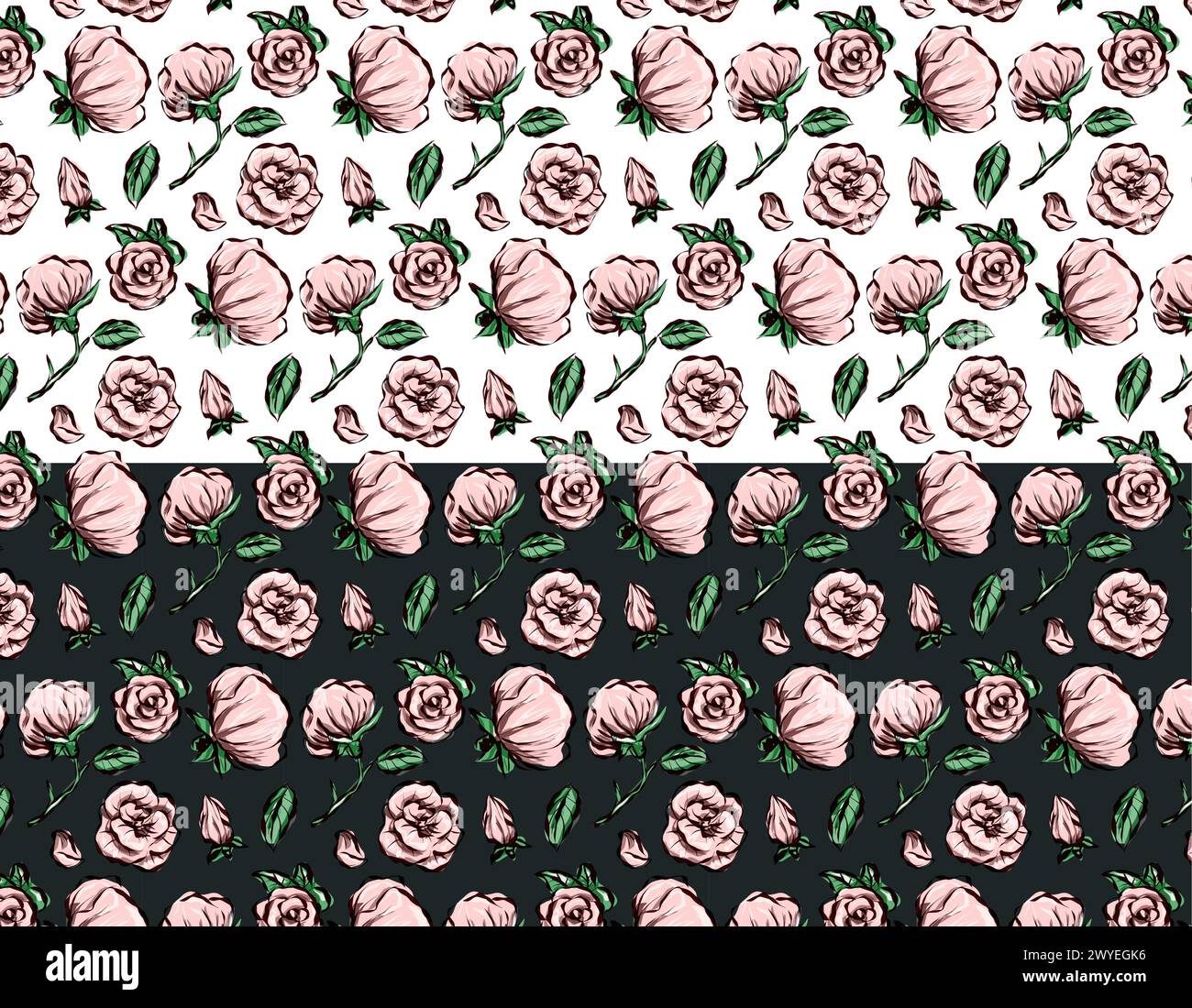 Ensemble de motifs de rose Doodle d'art de ligne isolé avec élément de feuille, conception de fleur vectorielle dessinée à l'encre. Floraison, fleurs, fleurs d'amour. Carrelage avec Illustration de Vecteur