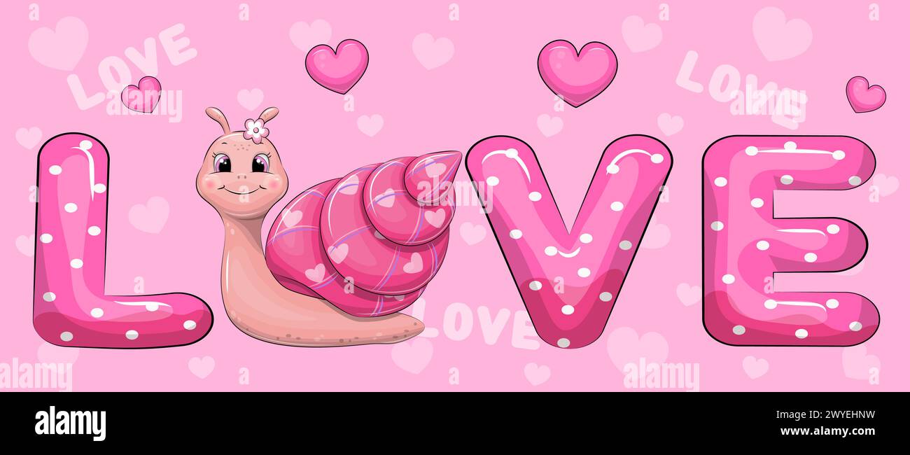 Mot amour et mignon escargot de dessin animé avec coeur rose. Illustration vectorielle sur fond rose avec des coeurs. Illustration de Vecteur