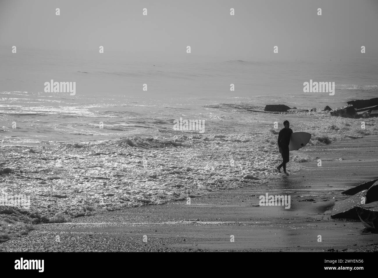 Une échelle de gris d'un surfeur marchant sur une plage avec une planche de surf Banque D'Images