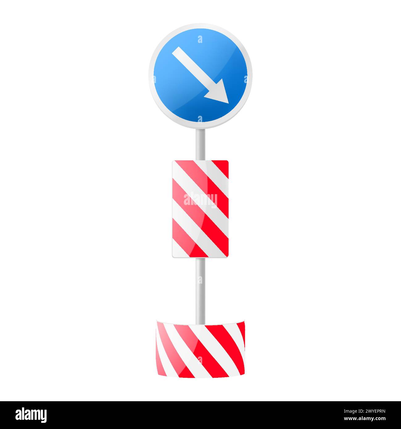 Panneau routier rayé avec flèche. Barrières pour bloquer la route. Panneau routier à sens unique, flèche de couleur blanche pointant vers la droite et vers le bas, vecteur 3d réaliste Illustration de Vecteur