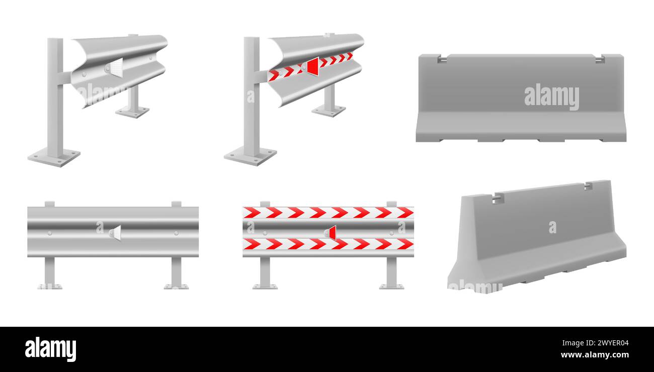 Ensemble de barrières routières en béton de fer pour bloquer la route avec un balisage, isolé sur fond blanc. Style isométrique 3D réaliste, illustration vectorielle. Illustration de Vecteur