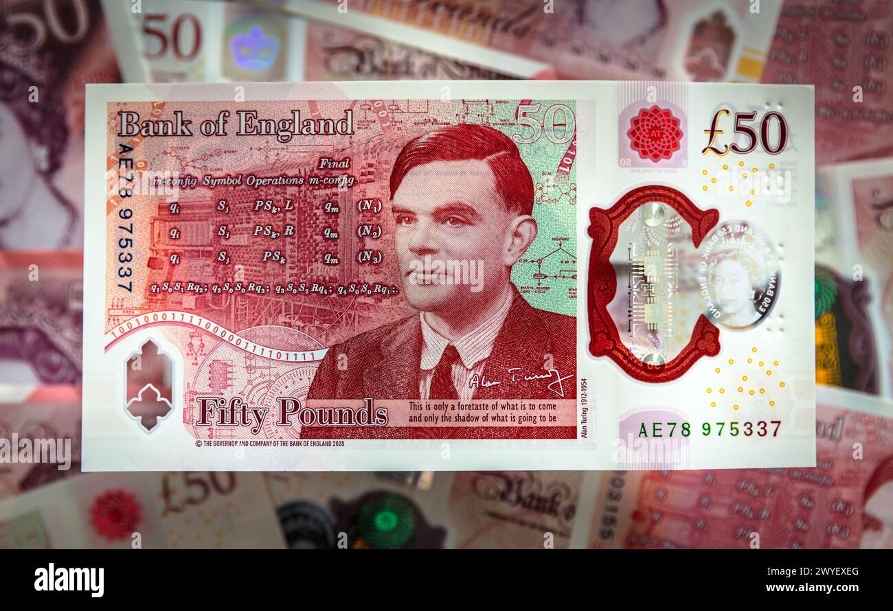 Le nouveau billet de banque en polymère de 50 £ de la Banque d'Angleterre, mettant en vedette Alan Turing, le disjoncteur de code de la seconde Guerre mondiale. Banque D'Images
