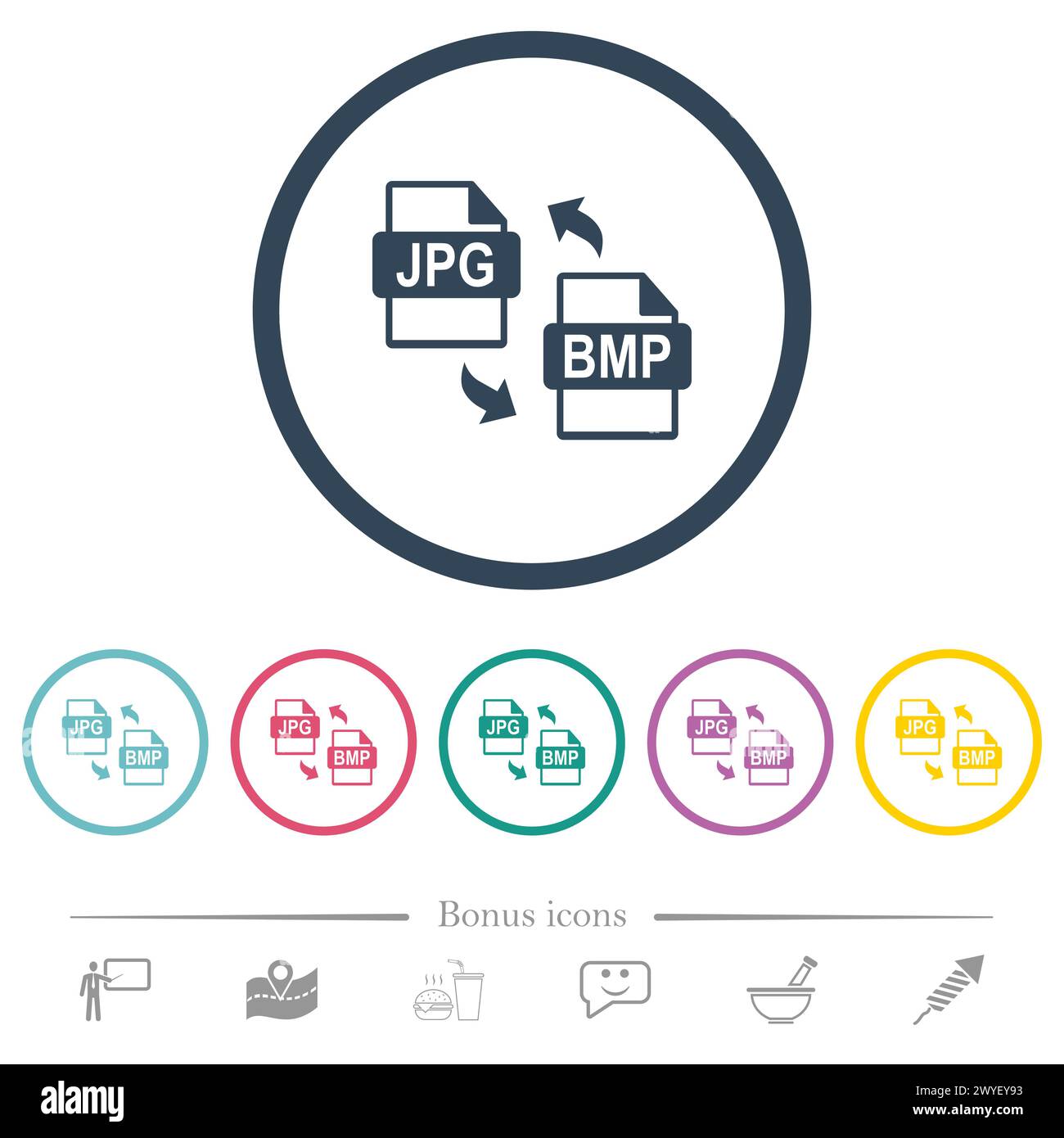 JPG BMP conversion de fichier icônes de couleur plate dans les contours ronds. 6 icônes bonus incluses. Illustration de Vecteur