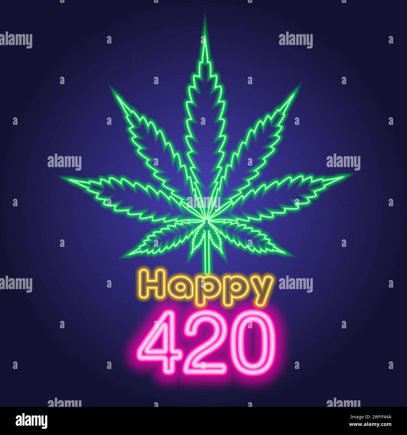 Bannière ou carte de voeux Happy 420. Concept Weed Holiday. Feuille de marijuana de chanvre néon sur fond de nuit sombre. Illustration vectorielle moderne Illustration de Vecteur