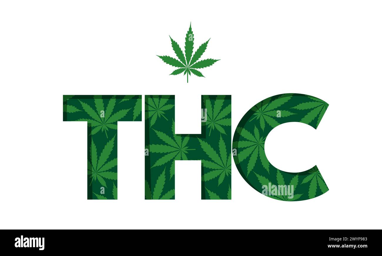 THC abréviation de tétrahydrocannabinol, lettres créées à partir de feuilles de cannabis. Composant à usage médical constituant de plante de cannabis. Bon pour label de Illustration de Vecteur