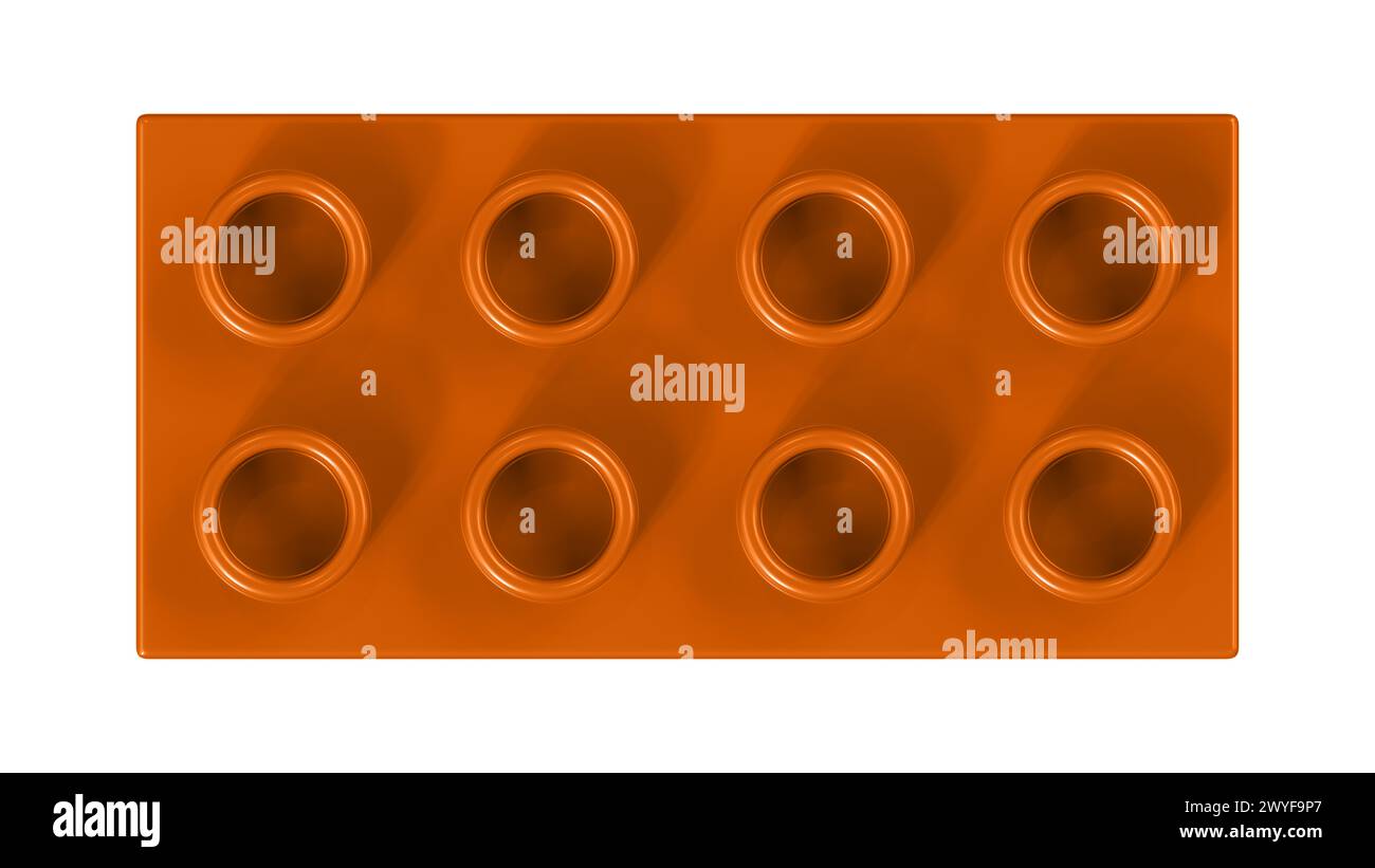 Bloc Lego orange brûlé isolé sur un fond blanc. Vue rapprochée d'une brique de jeu d'enfants en plastique pour constructeurs, vue de dessus. Ren 3D de haute qualité Banque D'Images