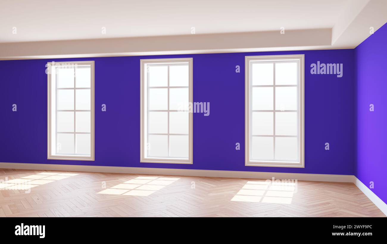 Chambre violette avec trois grandes fenêtres, parquet à chevrons brillant clair et socle blanc. Beau concept de l'intérieur vide. Rendu 3D. Banque D'Images