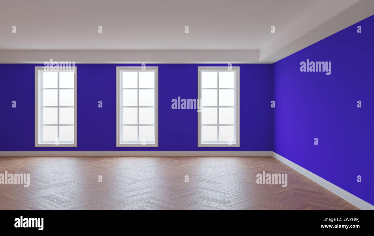 Intérieur avec murs violets, plafond blanc et corniche, trois grandes fenêtres, parquet à chevrons et un socle blanc. Magnifique concept de Banque D'Images