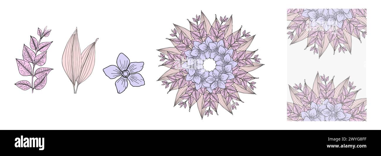 Mandala floral fait de fleurs, de brindilles et de feuilles. Mandala en forme de couronne. Ensemble d'éléments végétaux Banque D'Images