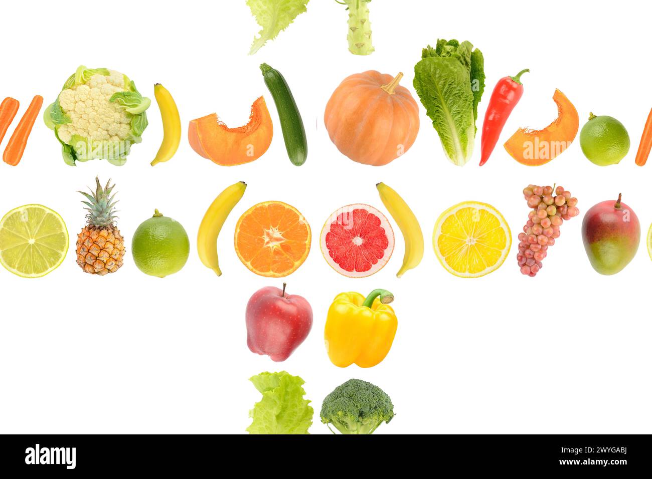 Modèle sans couture de légumes frais juteux et de fruits utiles pour la santé isolé sur fond blanc. Banque D'Images