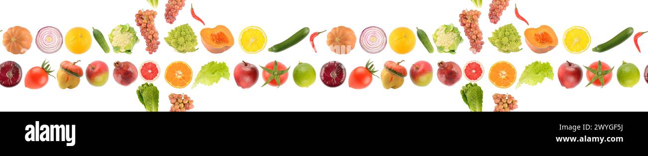 Motif homogène de légumes, fruits et baies isolé sur fond blanc. Banque D'Images