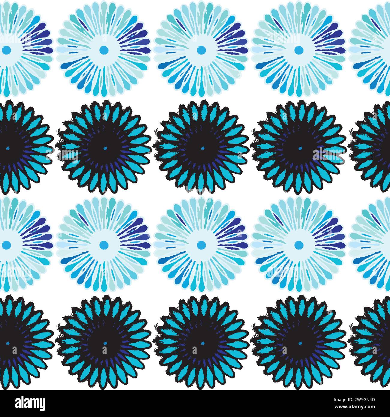 Série de motif sans couture de rosette artistique ; illustration vectorielle avec des rangées de fleurs bleues Illustration de Vecteur