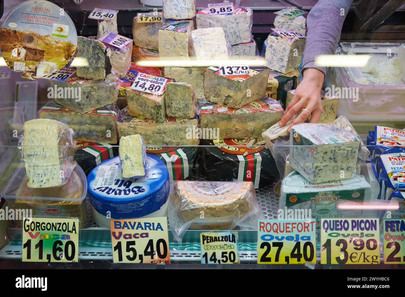 L'asturien de fromages, marché Fontan, Oviedo, Asturias, Espagne. Banque D'Images