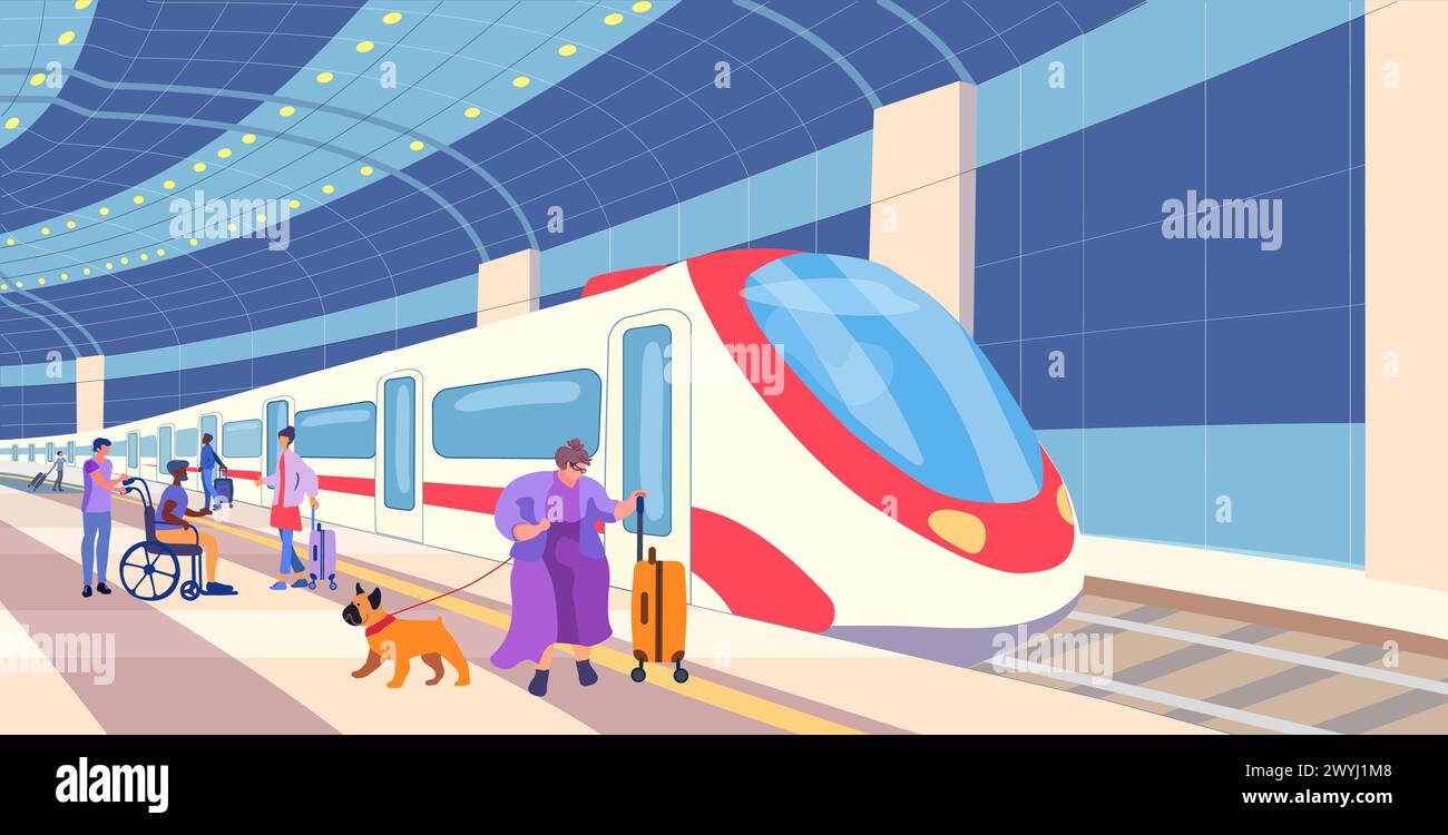 Chemin de fer. Station de métro. Voitures de passagers sur une plate-forme avec personnes. Inclusion humaine. Grosse femme avec chien et bagages. Réunion. Illustration vectorielle Illustration de Vecteur