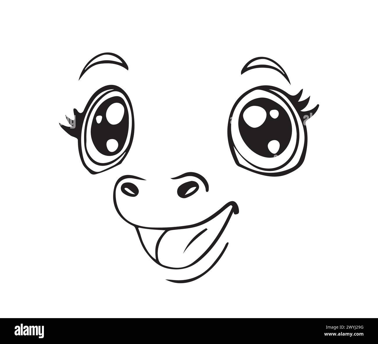 Visage animal mignon avec les yeux et le nez, le fauve, le poney ou le porcelet. Dessin de ligne vectoriel pour les enfants, broderie. Drôle de personnage heureux d'animal de compagnie Illustration de Vecteur