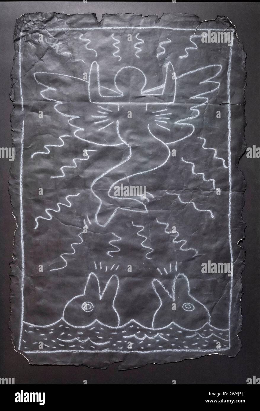 Keith Haring, sans titre, Winged Mermaid and Dolphins, Subway Drawing, circa 1983, craie blanche sur papier noir, Musée Moco, Amsterdam, pays-Bas Banque D'Images