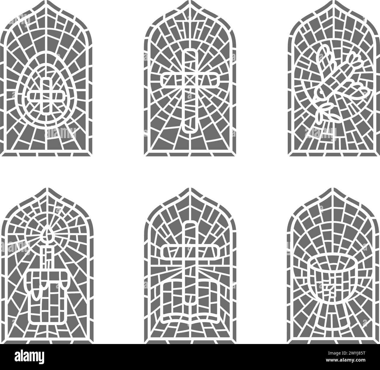 Vitraux d'église avec des symboles religieux de Pâques. Arches en verre en mosaïque chrétienne avec coupe à colombe croisée et oeuf isolé sur fond blanc Illustration de Vecteur