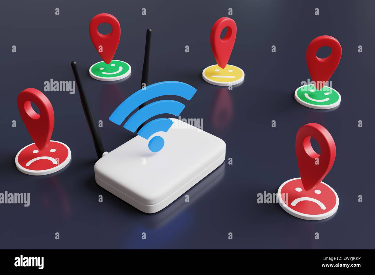Routeur Wifi blanc avec antennes noires entourées de symboles de géolocalisation rouges ayant différentes expressions faciales. Réception du signal WiFi local instable Banque D'Images