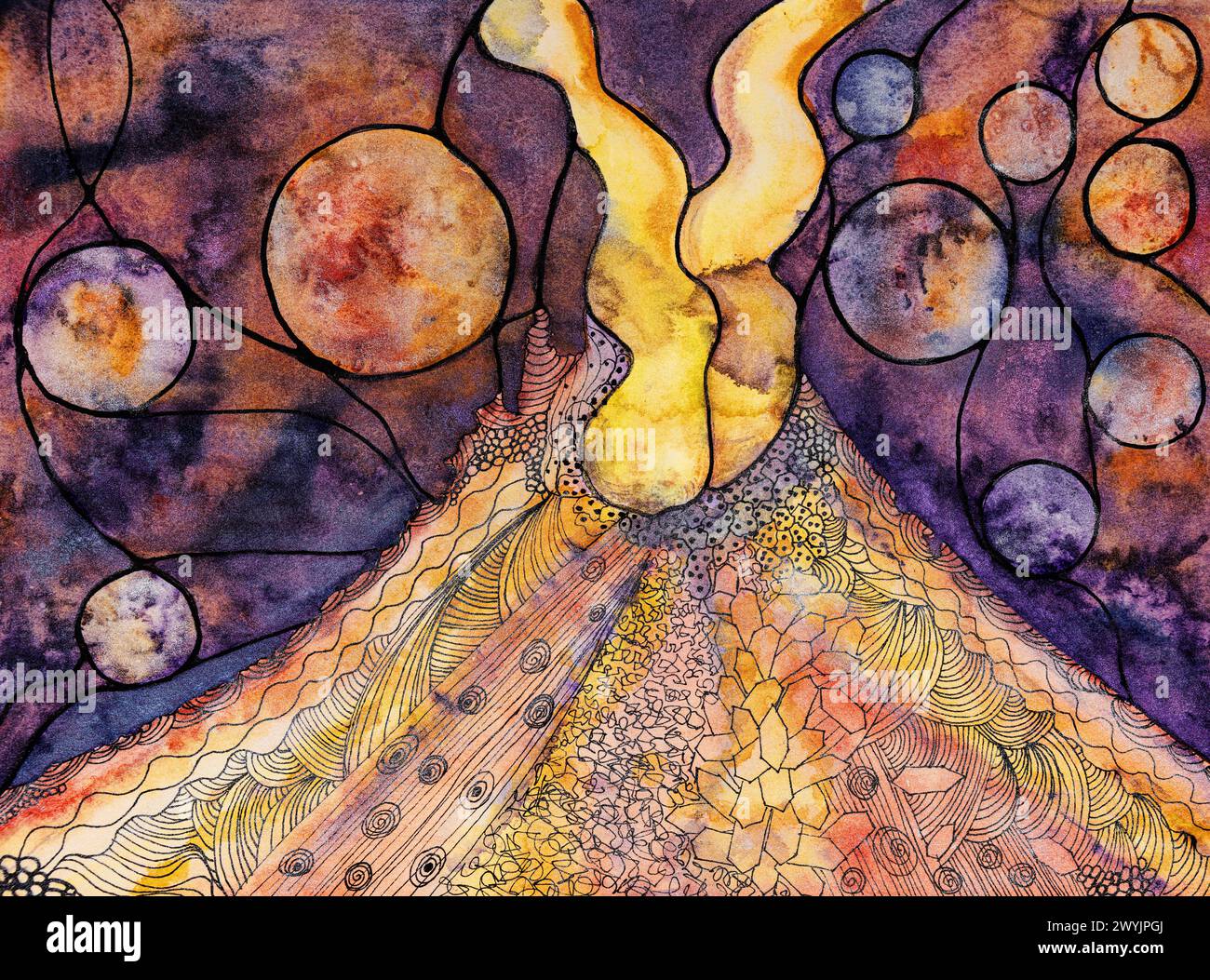 Vulcano griffonné avec des sphères fumant pendant l'éruption. La technique de tamponnage près des bords donne un effet de flou dû aux irrégularités de surface modifiées Banque D'Images