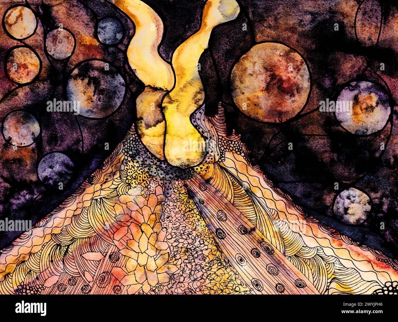 Éruption d'un vulcano pendant la nuit. La technique de dabbing près des bords donne un effet de flou dû à la rugosité de surface altérée de la PAP Banque D'Images