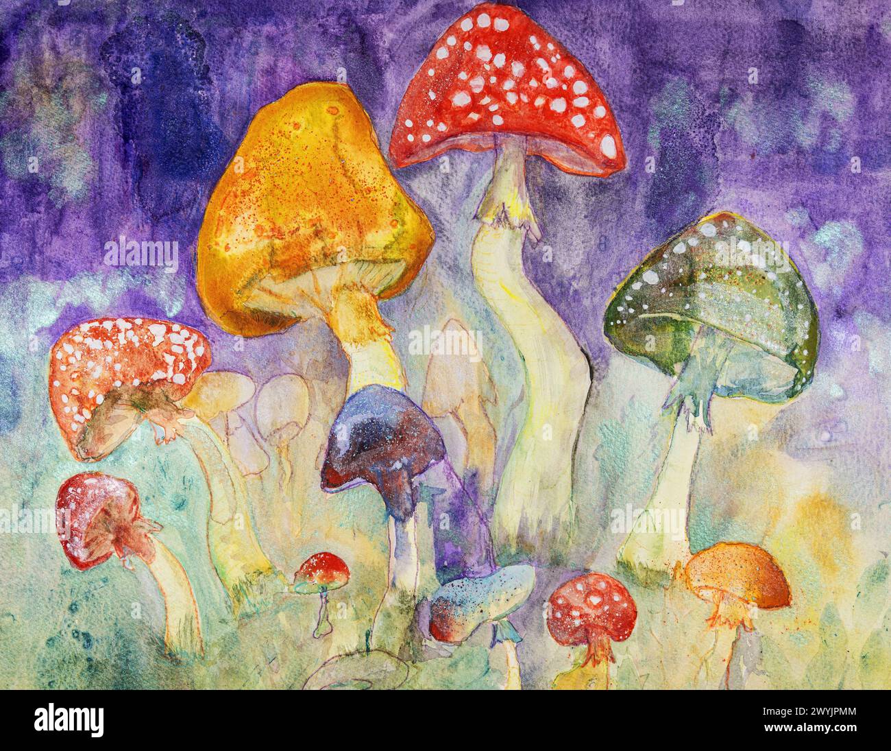 Champignons magiques trippy psychédéliques. La technique de tamponnage près des bords donne un effet de flou dû à la rugosité de surface modifiée de la plaquette Banque D'Images