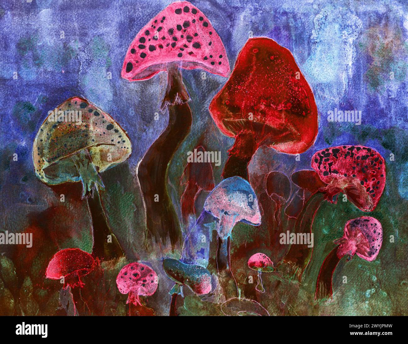Champignons rouges pendant la peinture psychédélique de l'heure bleue. La technique de dabbing près des bords donne un effet de flou dû à la modification de la surface ROU Banque D'Images