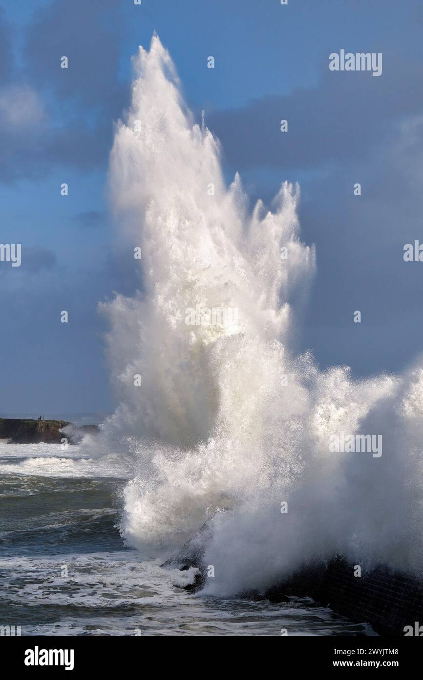 France, Finistère, Clohars-Carnoet, Doelan, vague sur la jetée portuaire lors d'une tempête hivernale Banque D'Images