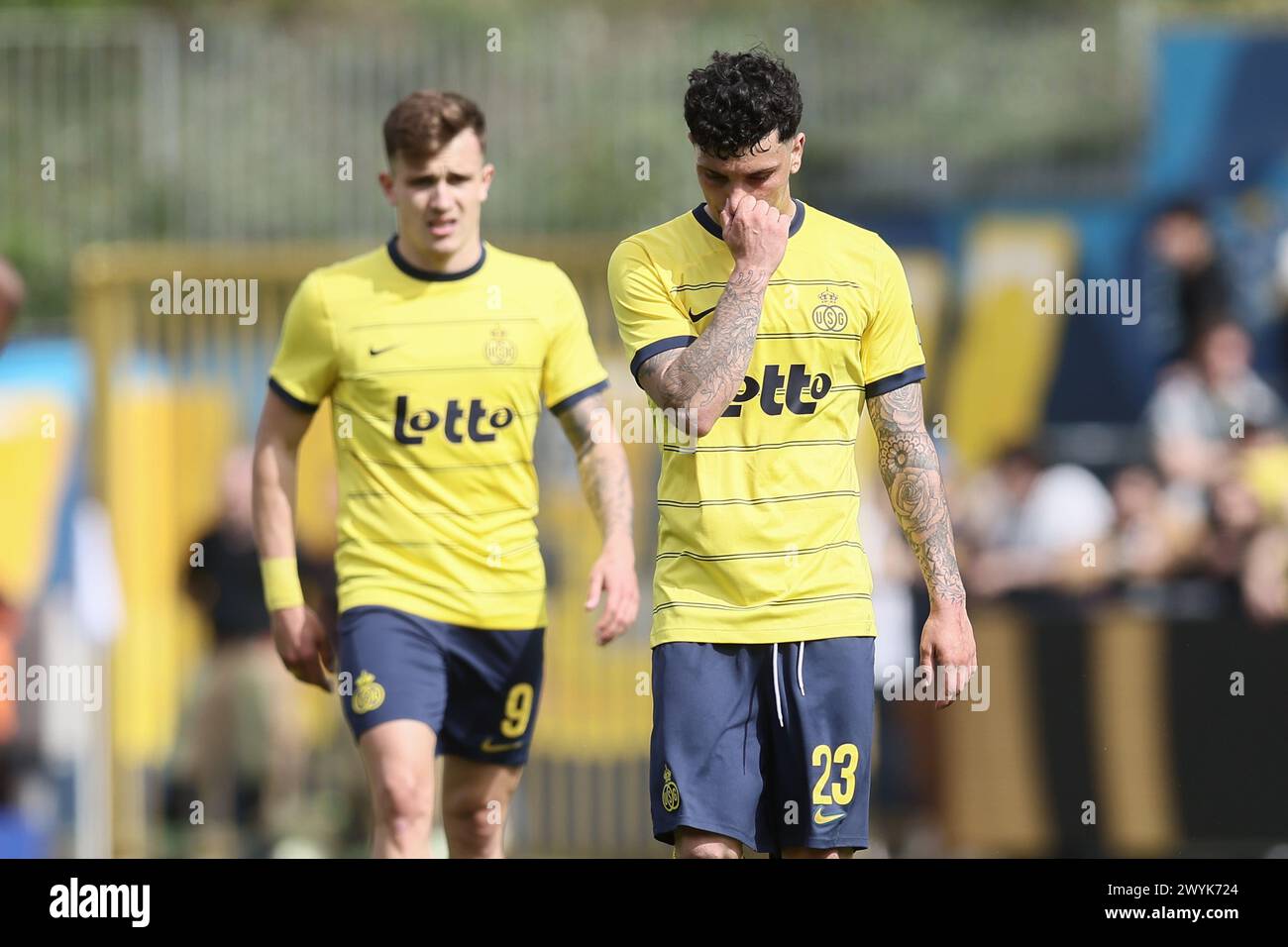 Bruxelles, Belgique. 07 avril 2024. Cameron Puertas Castro de l'Union réagit lors d'un match de football entre Royale Union Saint Gilloise et cercle Bruges, dimanche 07 avril 2024 à Bruxelles, le jour 2 (sur 10) des Play-offs des Champions de la première division 'Jupiler Pro League' 2023-2024 du championnat belge. BELGA PHOTO BRUNO FAHY crédit : Belga News Agency/Alamy Live News Banque D'Images
