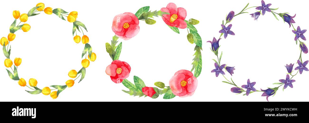 Ensemble de couronnes de fleurs avec des feuilles. Cadre rond de camélia, tulipe et chellflower. Illustration d'aquarelle botanique. Dessiné à la main isolé Clipart Illustration de Vecteur