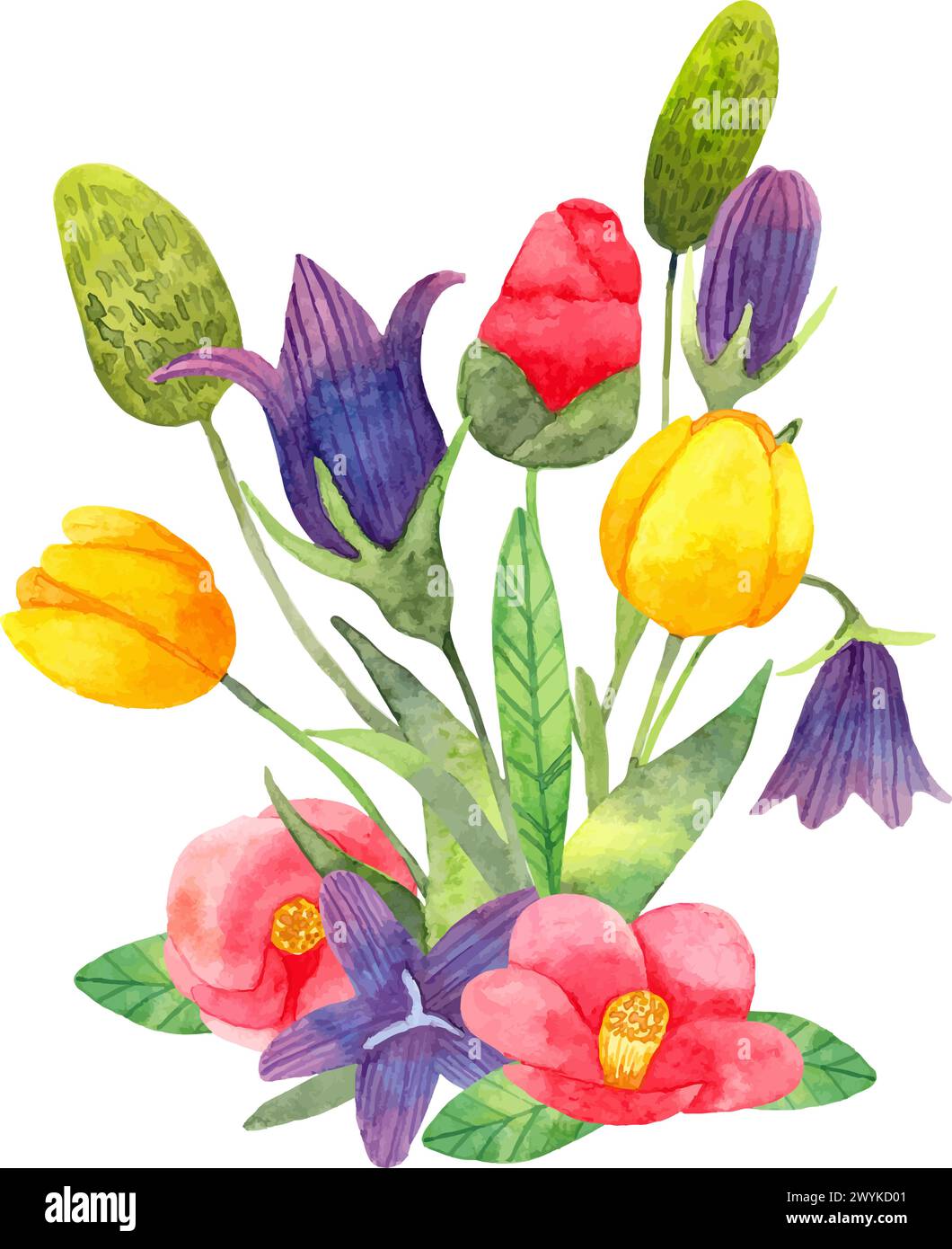 Bouquet de fleurs avec des feuilles. Composition de camélia, tulipe et cloche. Illustration d'aquarelle botanique. Art dessiné à la main isolé. Clipart pour Illustration de Vecteur