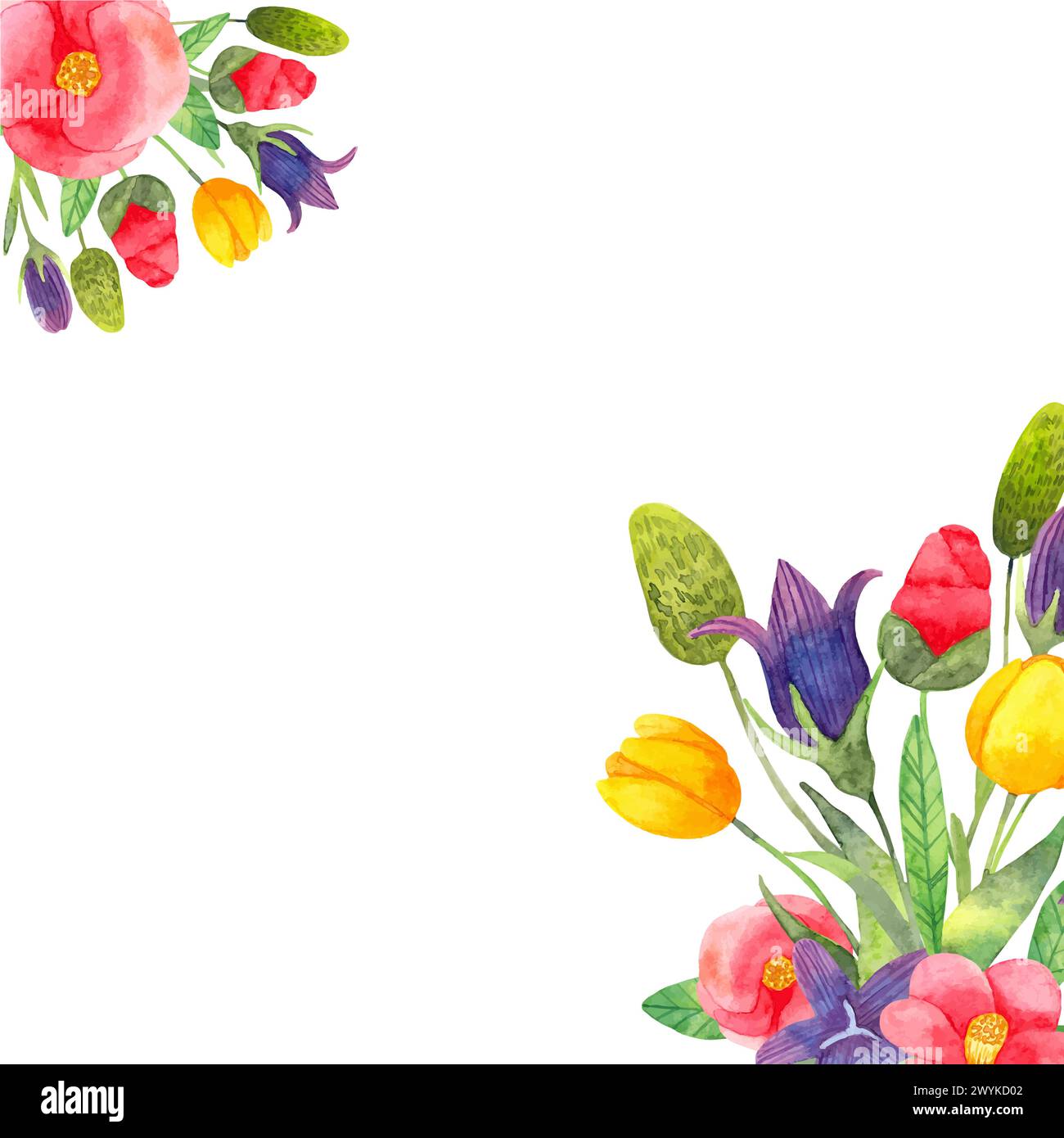 Cadre carré de fleurs avec des feuilles. Fond de camélia, tulipe et cloche. Illustration d'aquarelle botanique. Art dessiné à la main isolé. Pour mariage Illustration de Vecteur