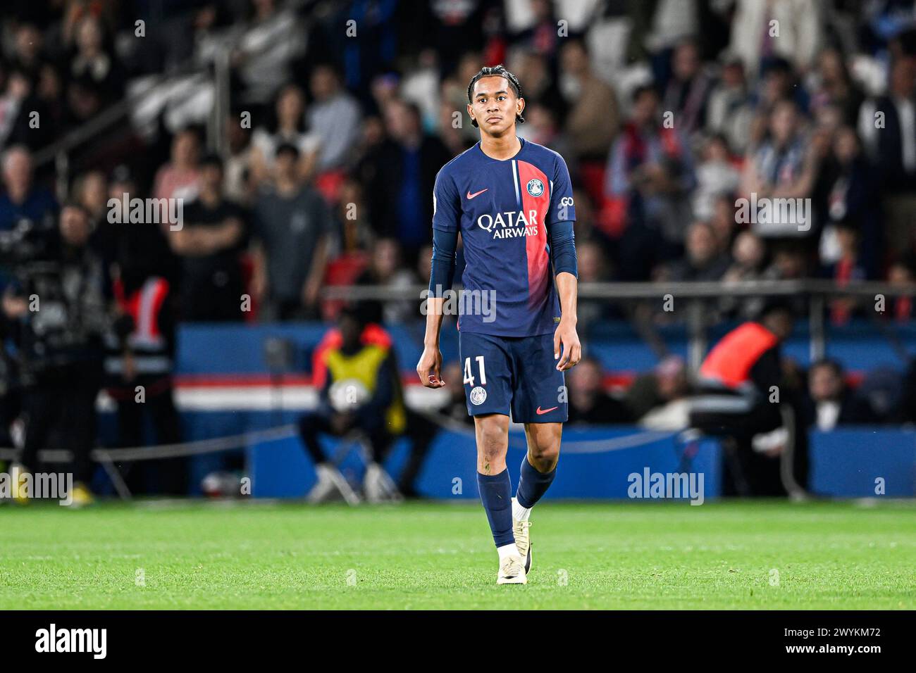 Senny Mayulu lors du match de Ligue 1 Paris Saint-Germain PSG VS Clermont Foot 63 le 6 avril 2024 au stade du Parc des Princes à Paris. Photo Victor Joly/ABACAPRESS.COM Banque D'Images