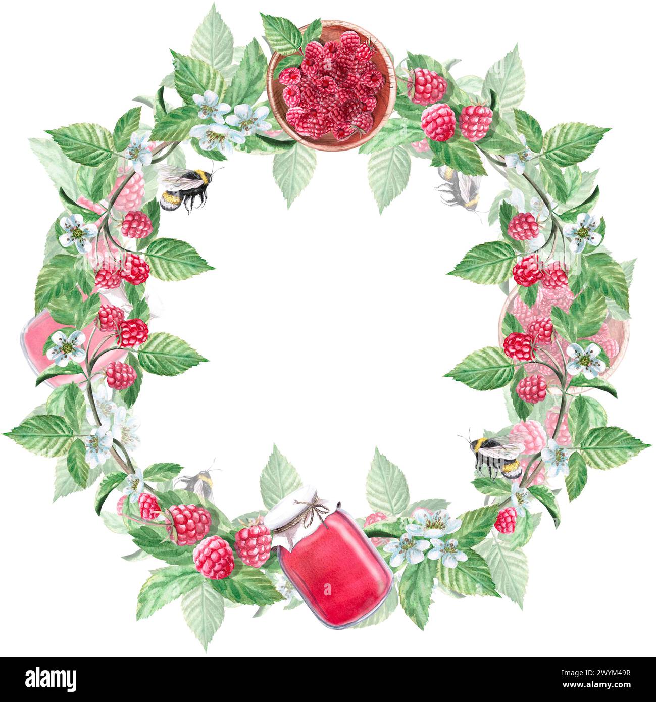 Une couronne de branches de framboise, avec un pot de confiture, une abeille, des baies et des fleurs dans une illustration aquarelle sur un fond blanc. Couronne dessinée à la main pour Banque D'Images