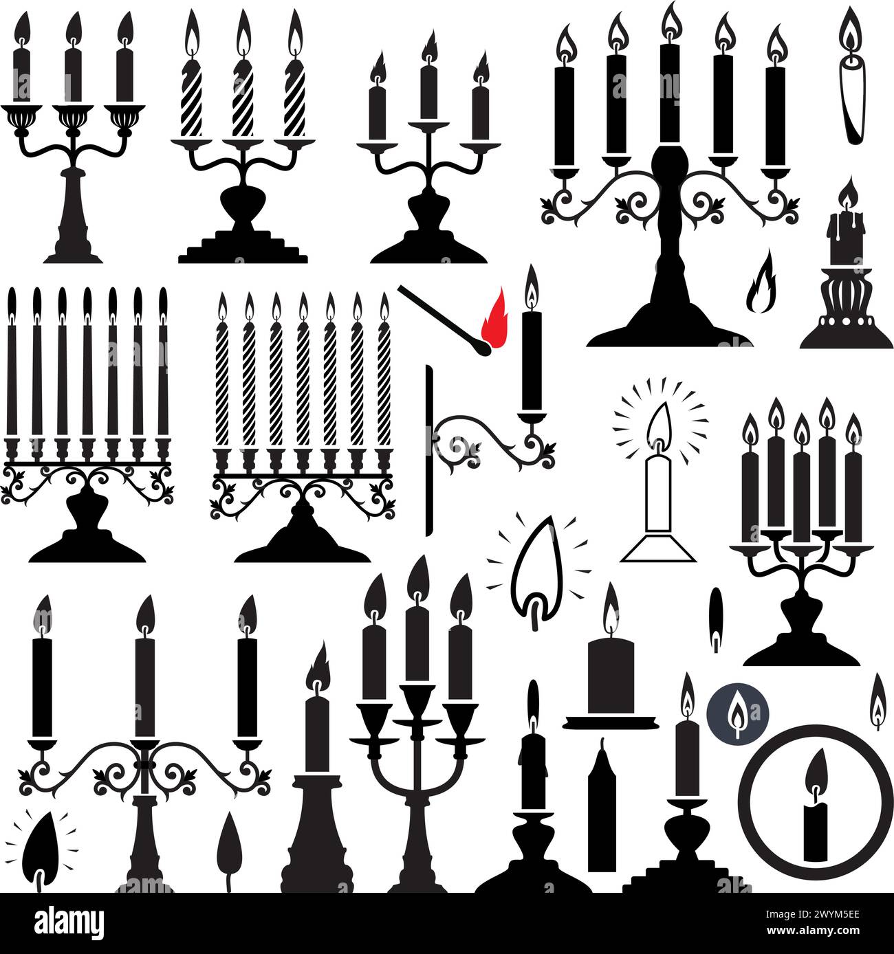 silhouettes vectorielles noires et blanches de chandeliers et de bougies Illustration de Vecteur