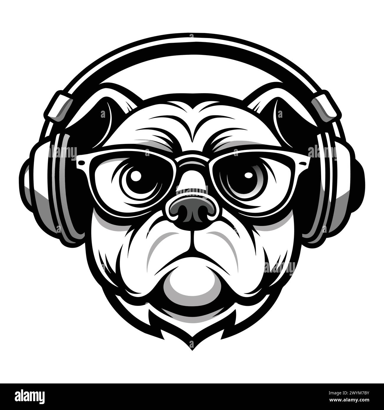 Illustration vectorielle Bulldog élégante avec lunettes et écouteurs - conception minimaliste de logo noir et blanc pour la marque et le marketing Illustration de Vecteur
