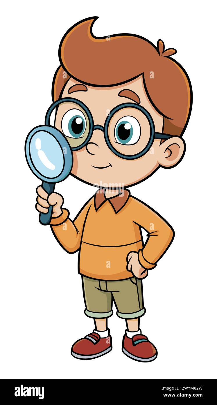 Un enfant curieux avec de grandes lunettes rondes, tenant une loupe.sur fond blanc Illustration de Vecteur