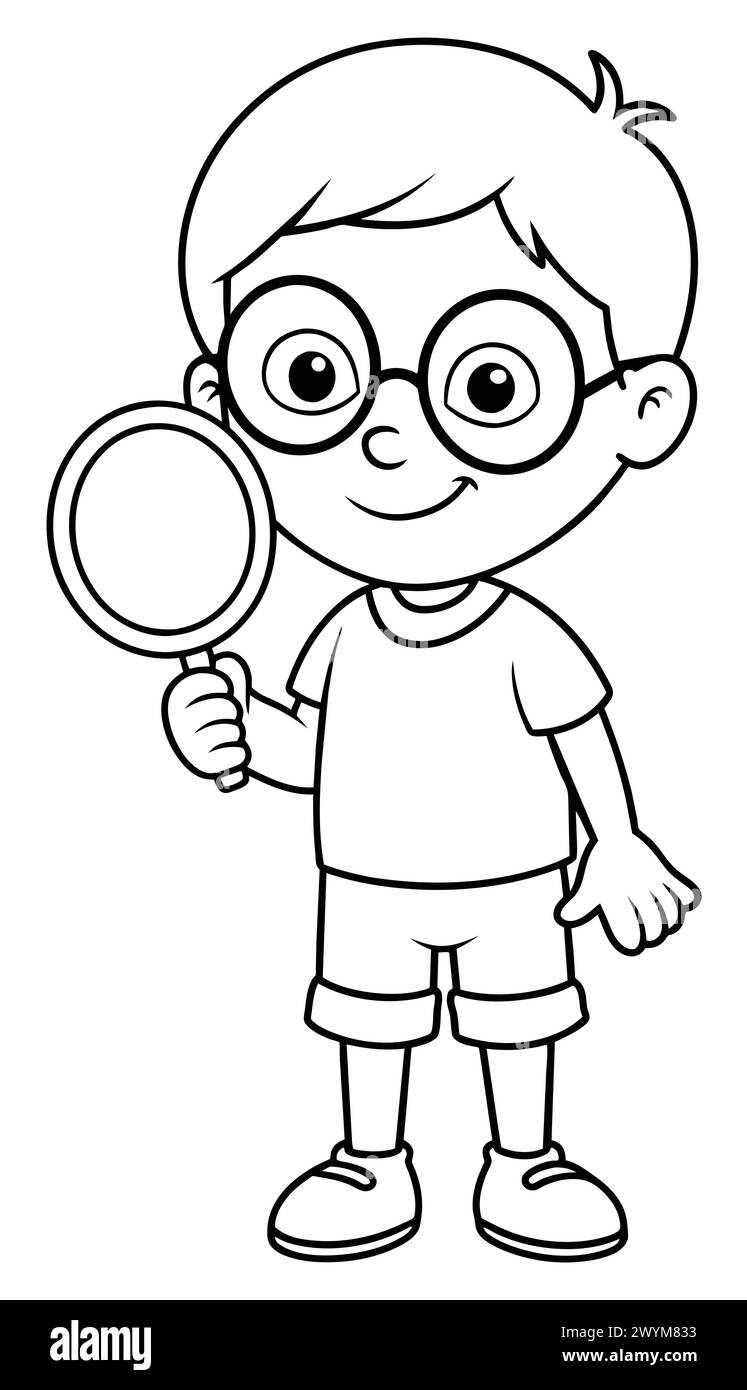 Un enfant curieux avec de grandes lunettes rondes, tenant une loupe.sur fond blanc Illustration de Vecteur