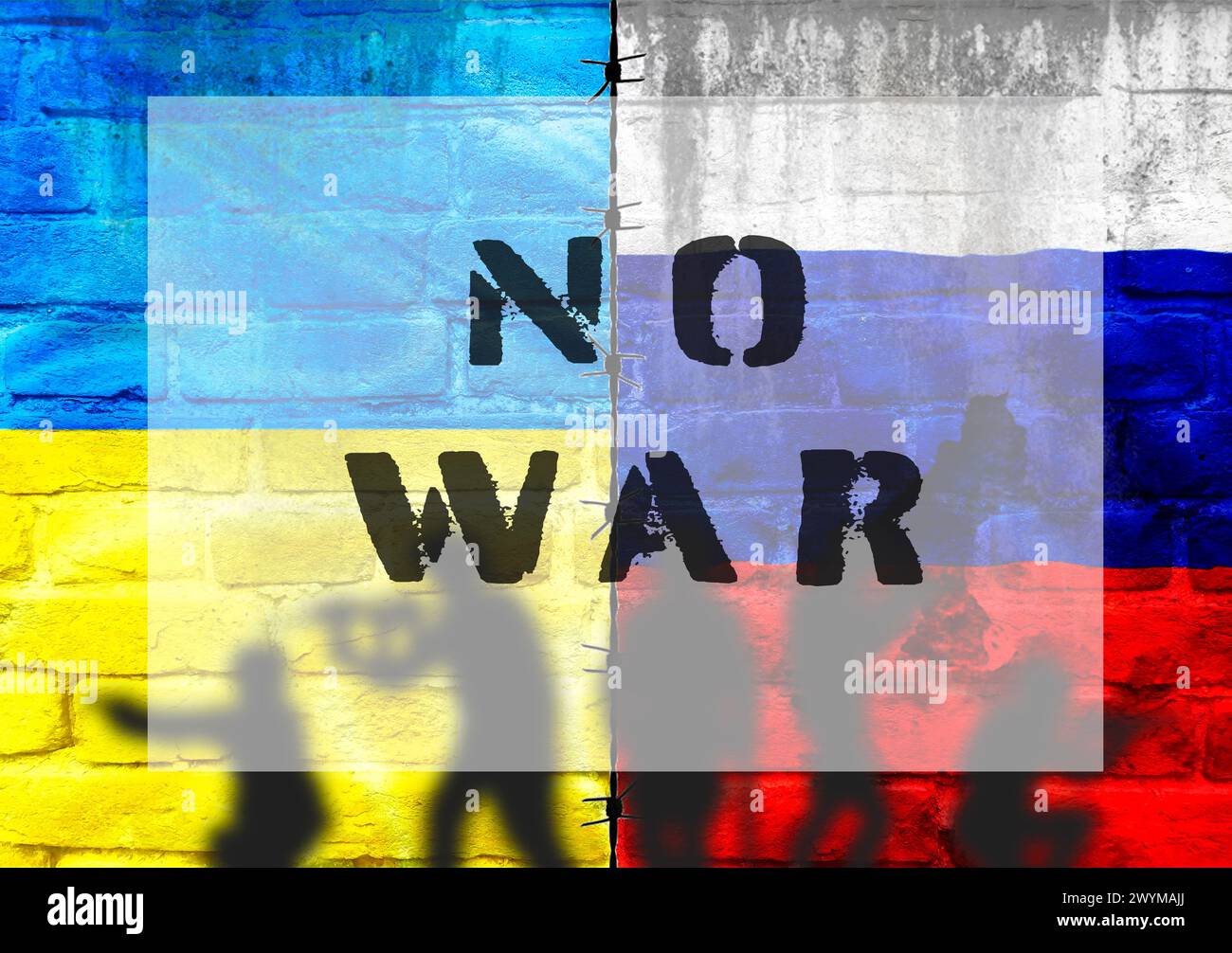 Affiche sur fond bleu, jaune et rouge avec les mots No War écrits en noir Banque D'Images