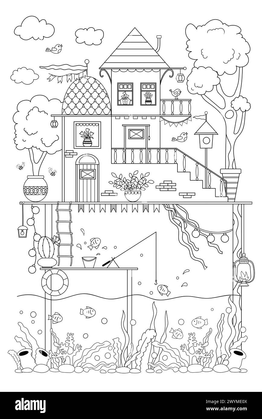 Page de coloriage anti-stress avec Une jolie maison au bord de la rivière pour les enfants et les adultes, rempli de nombreux détails Illustration de Vecteur