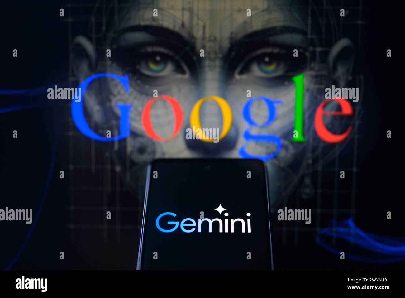 Bruxelles, Belgique. 07 avril 2024. L'icône Gemini est affichée sur un smartphone avec Google visible en arrière-plan, vu dans cette illustration photo. Prise à Bruxelles, Belgique. Le 7 avril 2024. (Jonathan Raa/Sipa USA) *** strictement à des fins éditoriales *** crédit : Sipa USA/Alamy Live News Banque D'Images