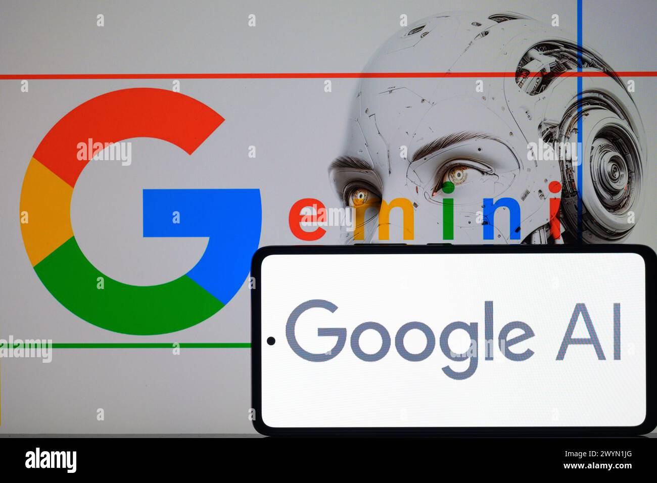 Bruxelles, Belgique. 07 avril 2024. L'IA Google est affichée sur un smartphone avec Gemini visible en arrière-plan, vu dans cette illustration photo. Prise à Bruxelles, Belgique. Le 7 avril 2024. (Jonathan Raa/Sipa USA) *** strictement à des fins éditoriales *** crédit : Sipa USA/Alamy Live News Banque D'Images