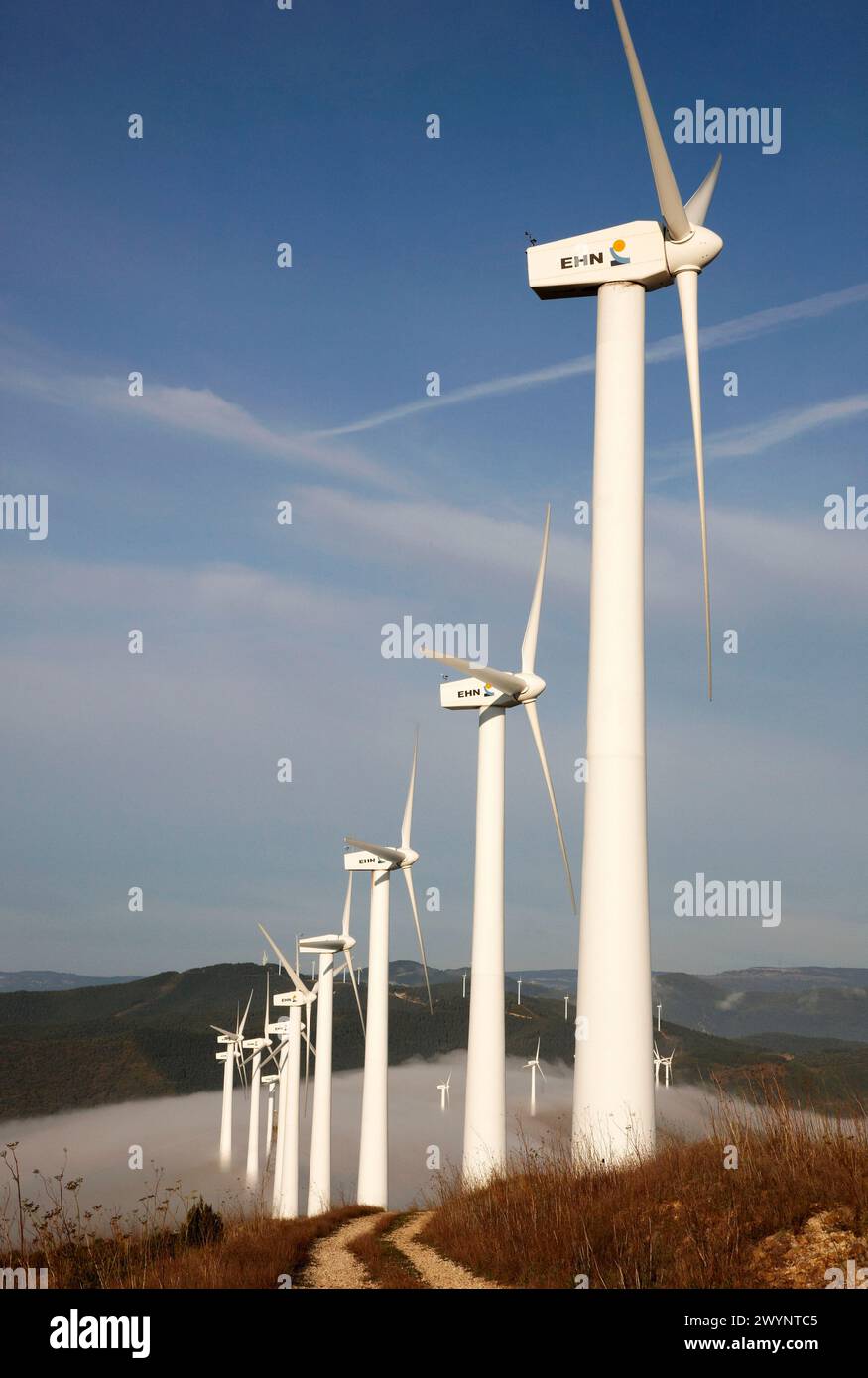 Énergie éolienne, parc éolien Sierra de El Perdon près de Pampelune, Navarre, Espagne. Banque D'Images