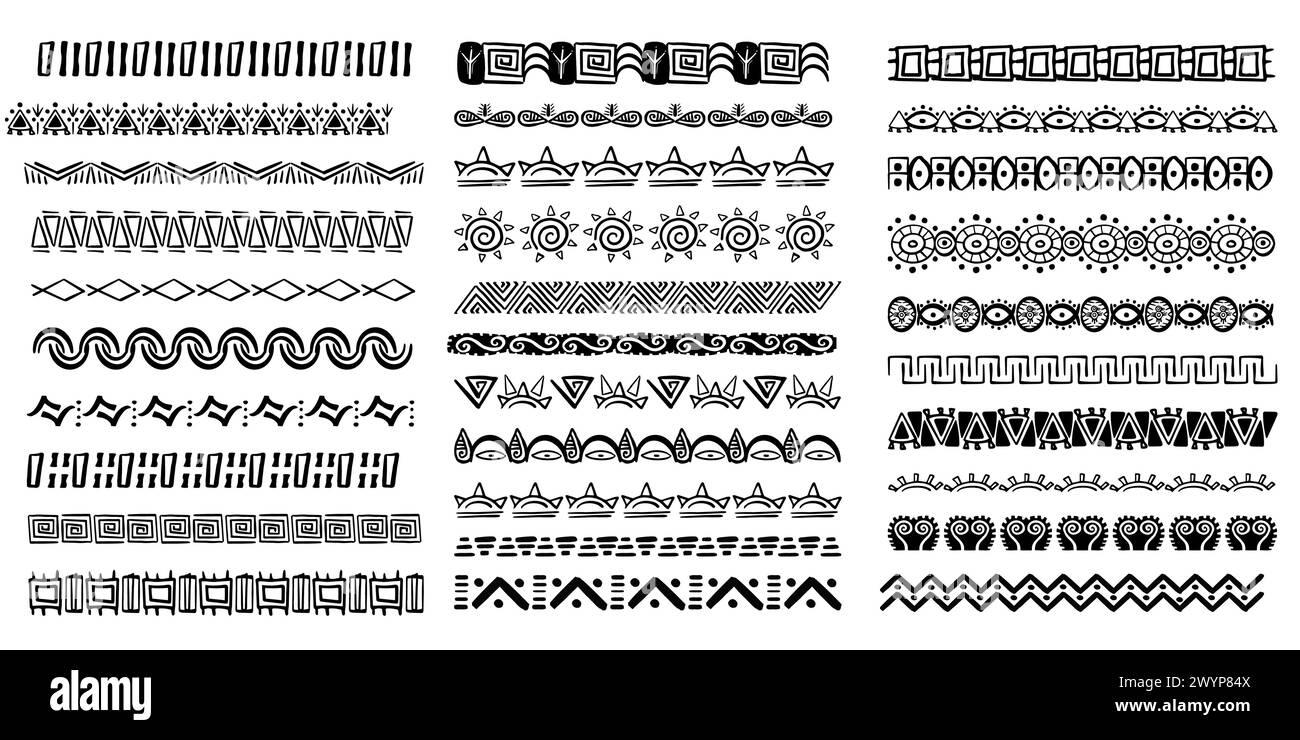Définir la bordure de motif tribal aztèque dans le style dessiné à la main doodle à partir de formes géométriques isolées sur fond blanc. boho scandinave srtoke, décor traditionnel natif. Illustration vectorielle Illustration de Vecteur