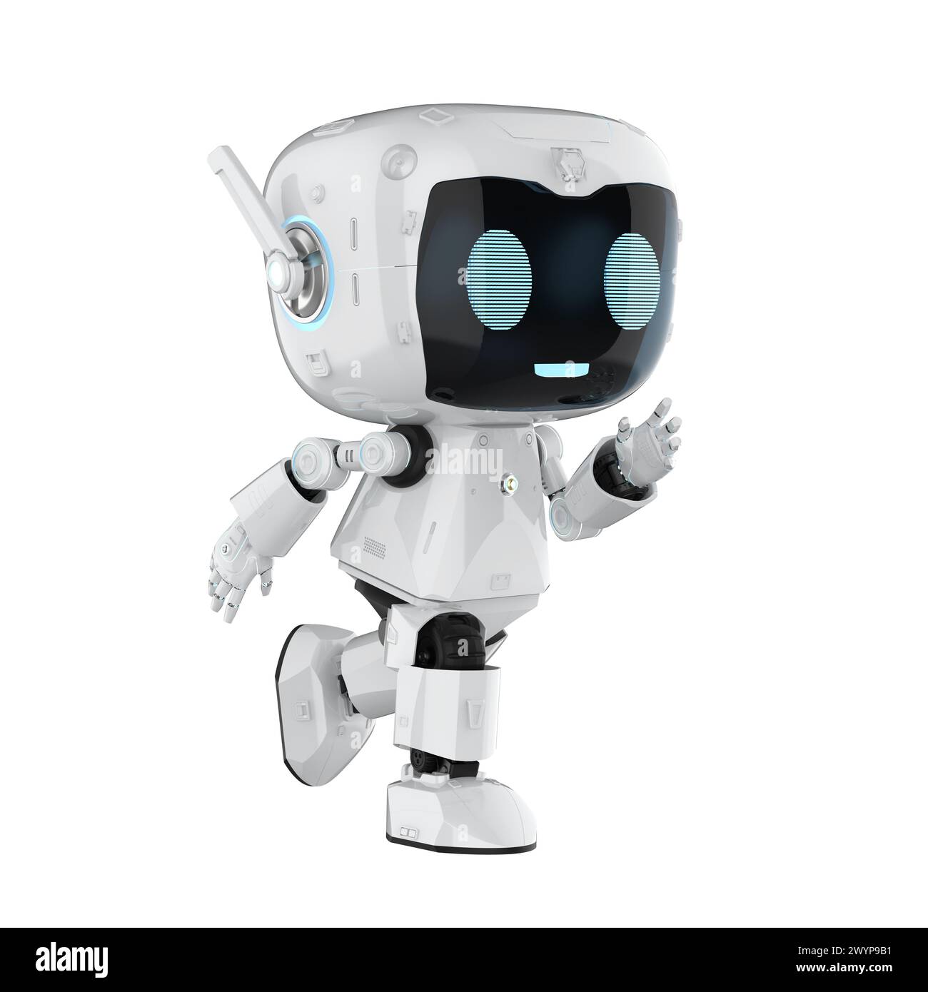 rendu 3d mignon et petit robot assistant personnel d'intelligence artificielle avec personnage de dessin animé marcher isolé sur blanc Banque D'Images