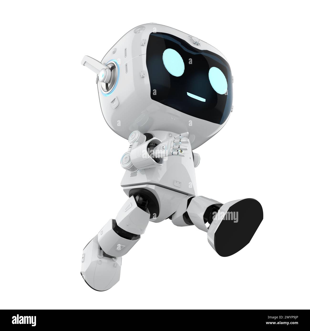 rendu 3d mignon et petit robot assistant personnel d'intelligence artificielle avec personnage de dessin animé marcher isolé sur blanc Banque D'Images