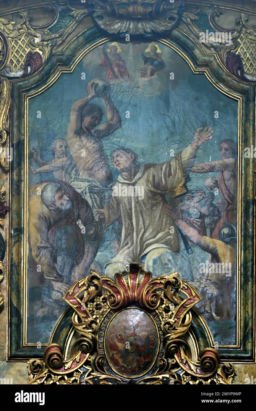 La lapidation de Saint Étienne, peinture sur l'autel Saint Joseph dans l'église Saint Léonard de Noblac à Kotari, Croatie Banque D'Images