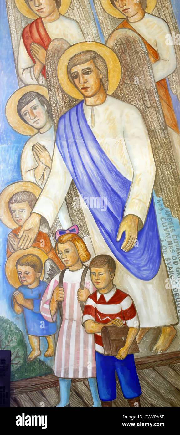 Anges gardiens, fresque dans l'église paroissiale du Sacré-cœur de Jésus à Ivanovo Selo, Croatie Banque D'Images