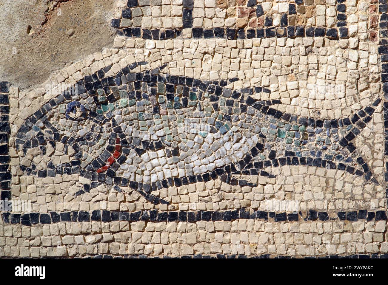 Poisson, symbole chrétien, mosaïque dans la basilique euphrasienne de Porec, Croatie Banque D'Images